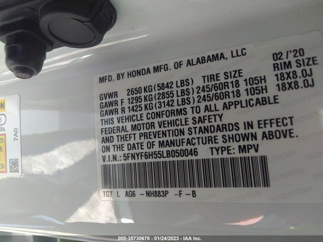 2020 HONDA PILOT EX-L VIN: 5FNYF6H55LB050046