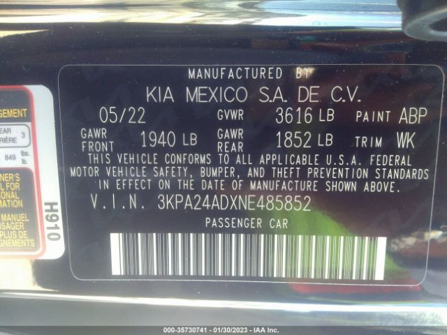 3KPA24ADXNE485852 KIA RIO LX