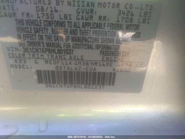 2017 Nissan Versa, VIN: 3N1CN7AP8HL801537