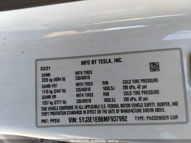 Tesla Model 3 Long Range 2021 5YJ3E1EB8MF937992 Image 10