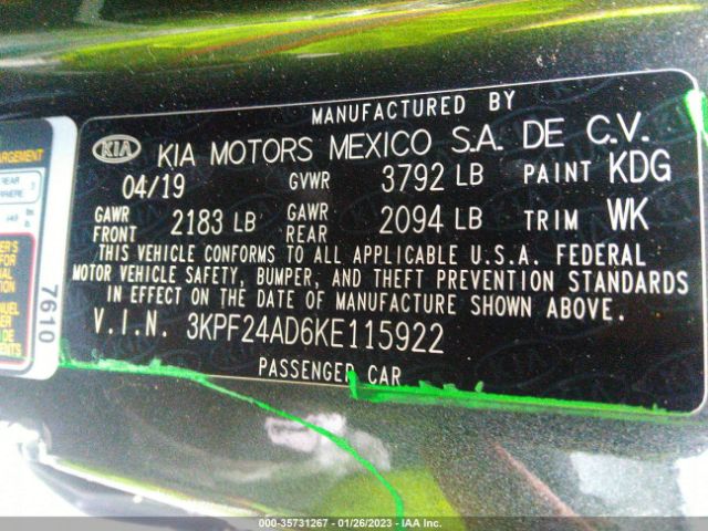 3KPF24AD6KE115922 KIA Forte Lxs