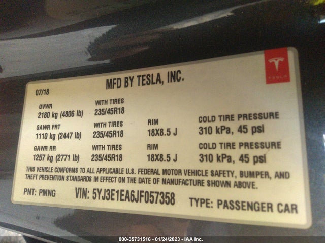 Tesla Model 3 Range Battery 2018 5YJ3E1EA6JF057358 Image 10