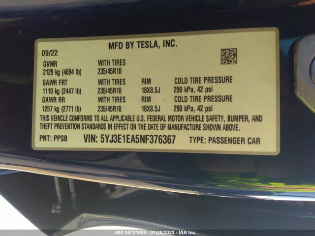 Tesla MODEL 3 2022 5YJ3E1EA5NF376367 Image 10
