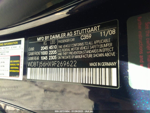 2009 MERCEDES-BENZ CLK-CLASS 3.5L VIN: WDBTJ56HX9F269622