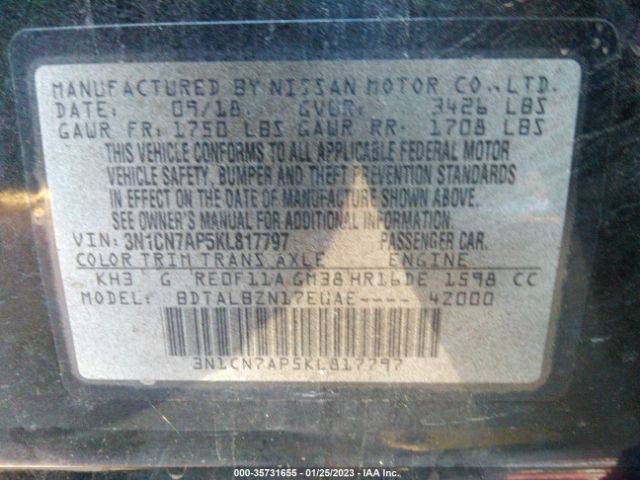3N1CN7AP5KL817797 Nissan Versa Sedan Sv