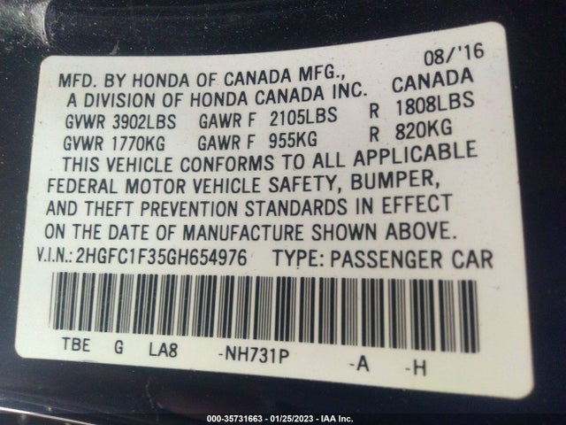2016 HONDA CIVIC SEDAN EX-T VIN: 2HGFC1F35GH654976