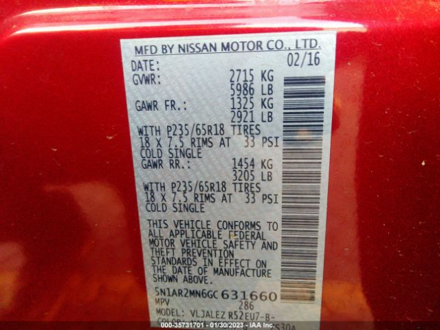 5N1AR2MN6GC631660 Nissan Pathfinder S/sv/sl/platinum