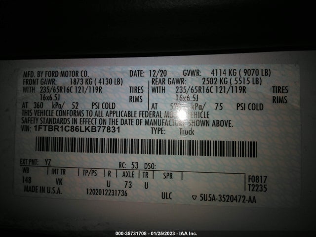 2020 Ford Transit, VIN: 1FTBR1C86LKB77831