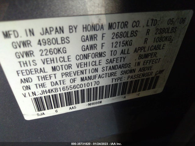 2006 ACURA RL VIN: JH4KB16556C010170
