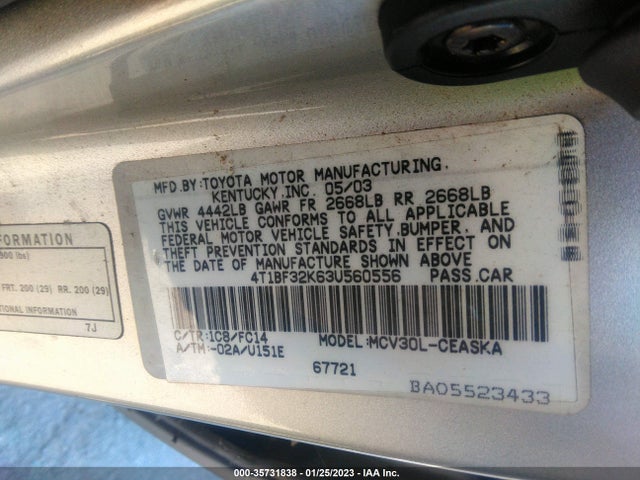 2003 TOYOTA CAMRY LE/SE/XLE VIN: 4T1BF32K63U560556