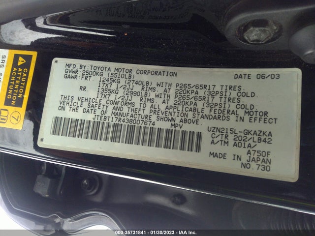 2003 TOYOTA 4RUNNER LIMITED VIN: JTEBT17R438007674