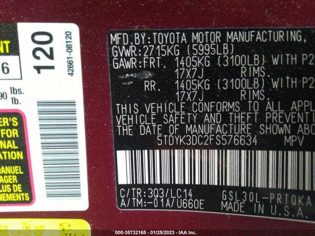 2015 TOYOTA SIENNA XLE/XLE AAS/LTD VIN: 5TDYK3DC2FS576634