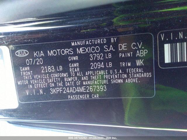 2021 KIA FORTE LXS VIN: 3KPF24AD4ME267393