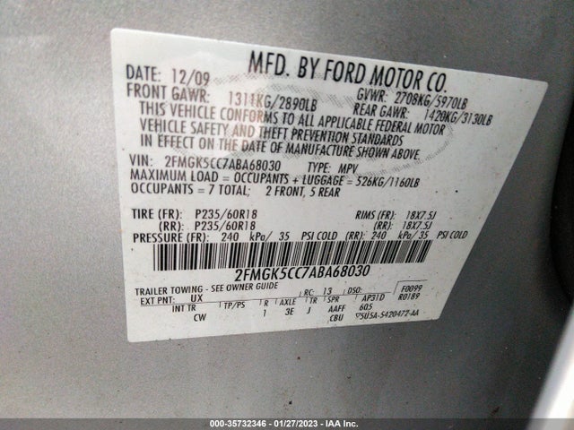 2010 FORD FLEX SEL VIN: 2FMGK5CC7ABA68030