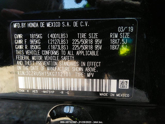 2019 Honda HR-V, VIN: 3CZRU5H15KG712101