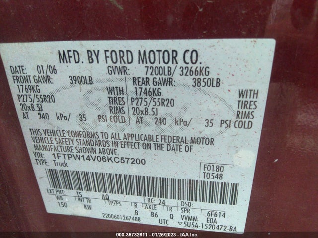 2006 FORD F-150 XLT/FX4/LARIAT/KING RANCH VIN: 1FTPW14V06KC57200