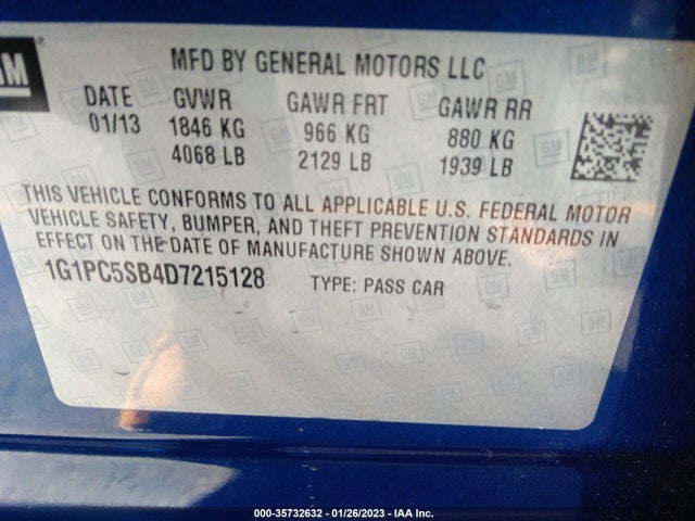 2013 CHEVROLET CRUZE 1LT VIN: 1G1PC5SB4D7215128