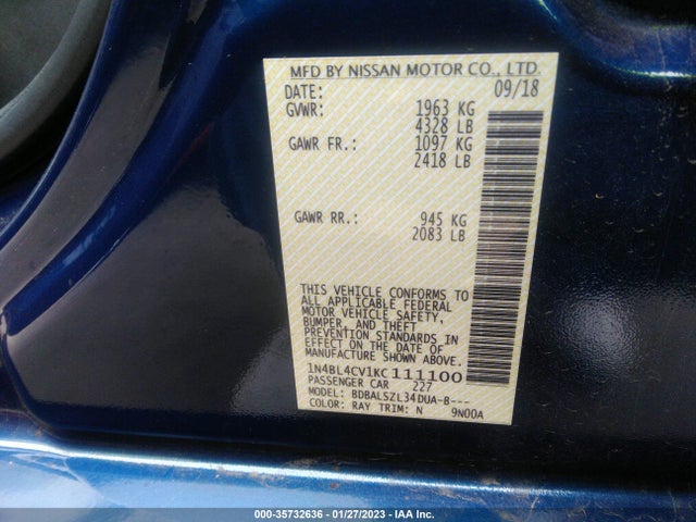 2019 NISSAN ALTIMA 2.5 SR VIN: 1N4BL4CV1KC111100