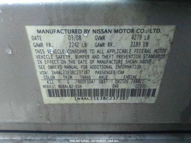 2008 NISSAN ALTIMA 2.5 SL VIN: 1N4AL21E38C237387