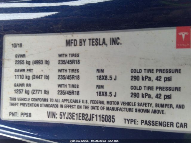 5YJ3E1EB2JF115085 Tesla Model 3 Long Range