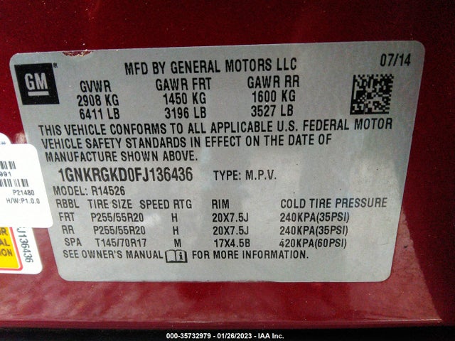 Chevrolet Traverse Lt 2015 1GNKRGKD0FJ136436 Image 9