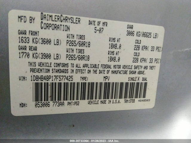 2007 DODGE DURANGO SLT VIN: 1D8HB48P17F577425