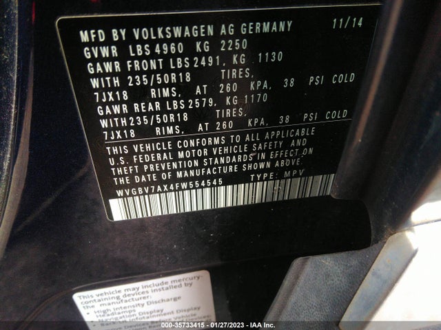 2015 VOLKSWAGEN TIGUAN SEL VIN: WVGBV7AX4FW554545