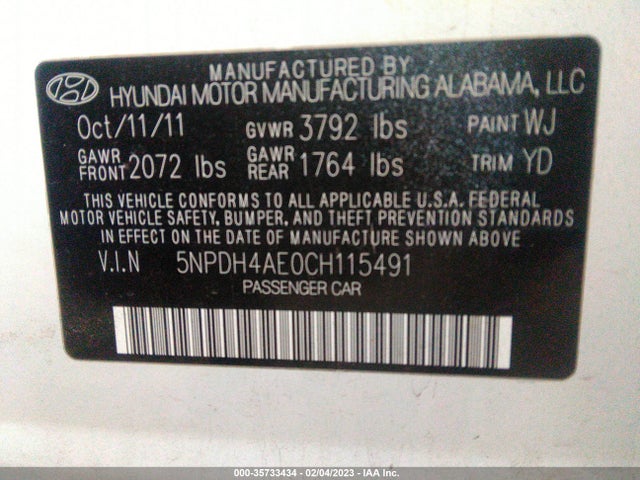 2012 HYUNDAI ELANTRA GLS VIN: 5NPDH4AE0CH115491
