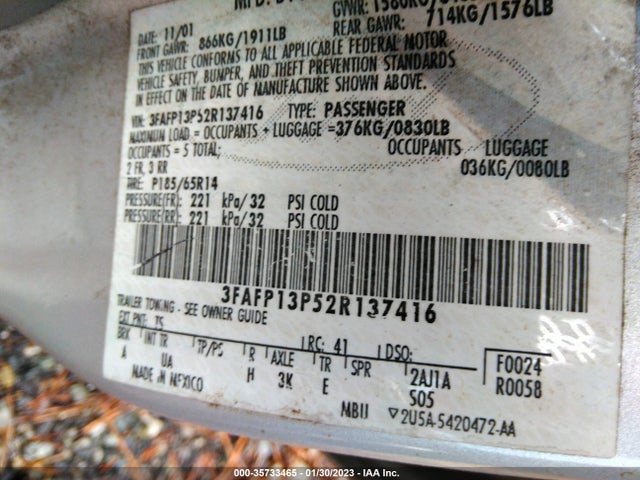 2002 FORD ESCORT FLEET VIN: 3FAFP13P52R137416