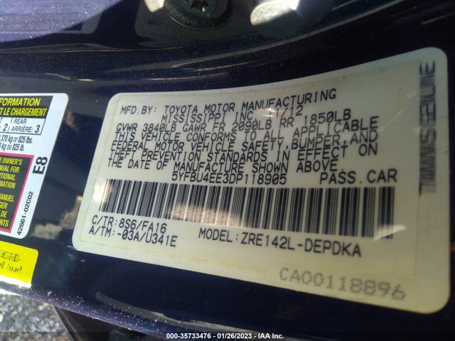 2013 TOYOTA COROLLA L/LE/S VIN: 5YFBU4EE3DP118905