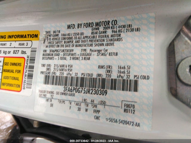 2018 Ford Fusion, VIN: 3FA6P0G75JR230309