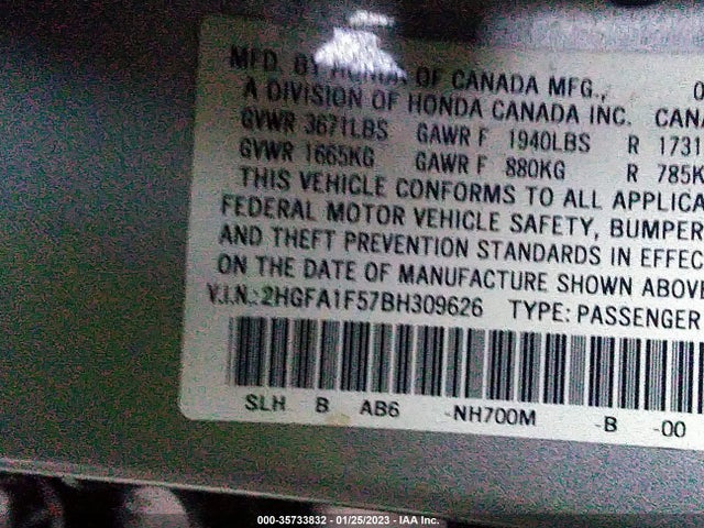 2011 HONDA CIVIC SDN LX VIN: 2HGFA1F57BH309626