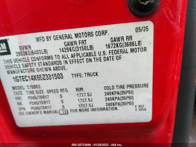 2005 GMC SIERRA 1500 WORK TRUCK VIN: 1GTEC14X65Z331503