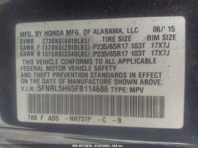 2015 HONDA ODYSSEY EX-L VIN: 5FNRL5H65FB114686