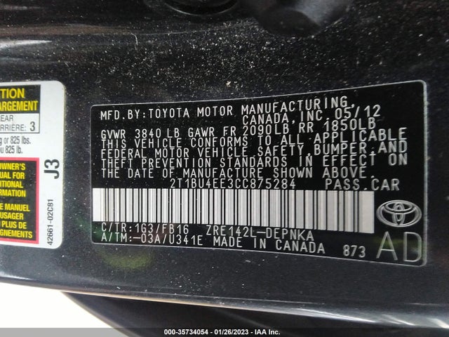 2012 TOYOTA COROLLA LE VIN: 2T1BU4EE3CC875284