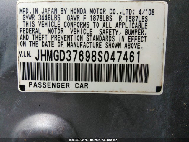 2008 HONDA FIT SPORT VIN: JHMGD37698S047461