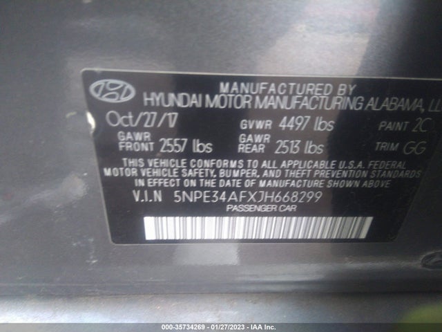 2018 HYUNDAI SONATA SEL VIN: 5NPE34AFXJH668299