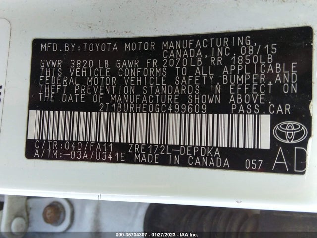 2016 TOYOTA COROLLA L/LE/S/S PLUS/LE PLUS VIN: 2T1BURHE0GC499609