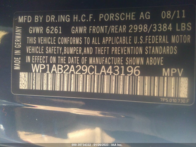 2012 PORSCHE CAYENNE S VIN: WP1AB2A29CLA43196