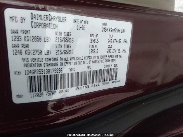 2003 DODGE CARAVAN SE VIN: 1D4GP25313B179296