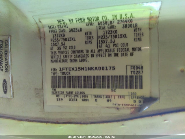 1992 FORD F150 VIN: 1FTEX15N1NKA00175