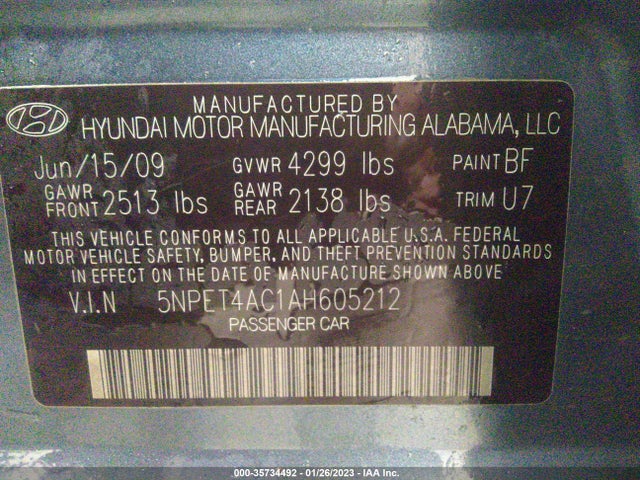 2010 HYUNDAI SONATA GLS VIN: 5NPET4AC1AH605212