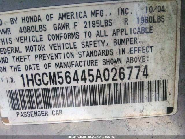 2005 HONDA ACCORD SDN LX VIN: 1HGCM56445A026774