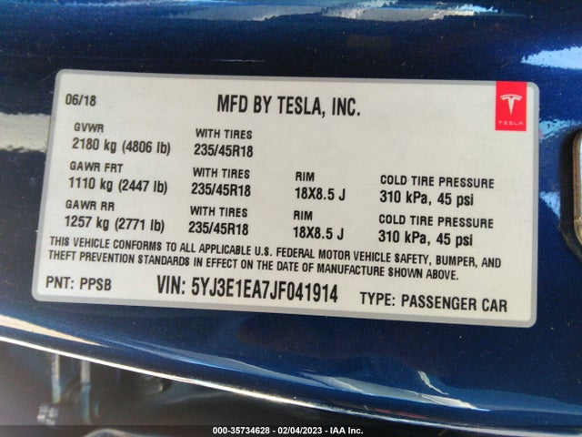 Tesla Model 3 Range Battery 2018 5YJ3E1EA7JF041914 Image 9
