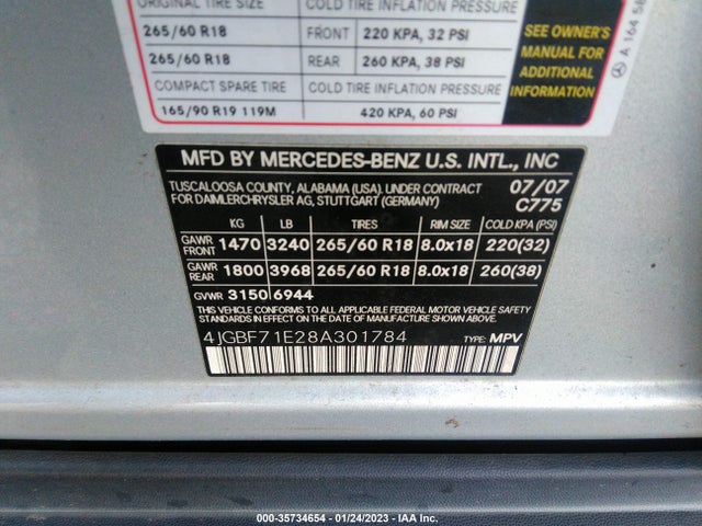 35734654 :رقم المزاد ، 4JGBF71E28A301784 vin ، 2008 Mercedes-benz Gl-class 4.6l مزاد بيع