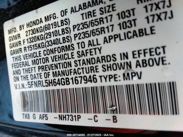 2016 HONDA ODYSSEY EX-L VIN: 5FNRL5H64GB167946