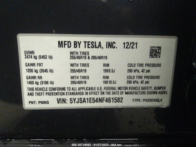 2022 Tesla Model S, VIN: 5YJSA1E54NF461582