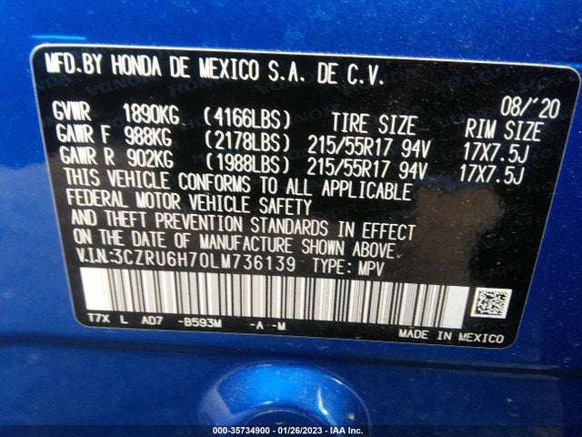 Продажа на аукционе авто 2020 Honda Hr-v Ex-l, vin: 3CZRU6H70LM736139, номер лота: 35734900