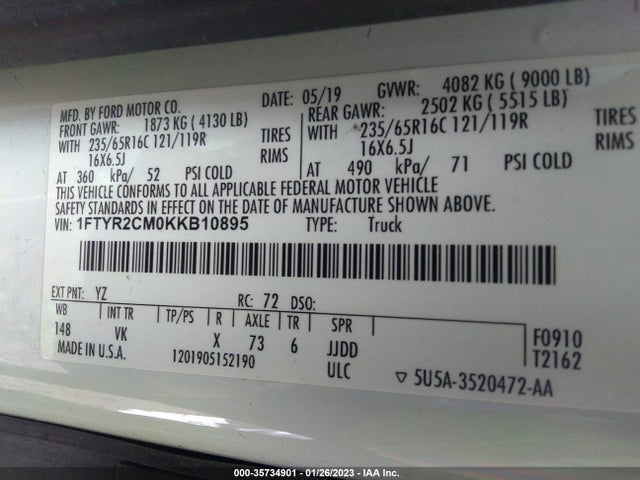 2019 Ford Transit, VIN: 1FTYR2CM0KKB10895