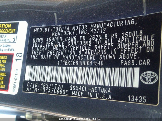 2013 TOYOTA AVALON XLE/LIMITED VIN: 4T1BK1EB1DU011540